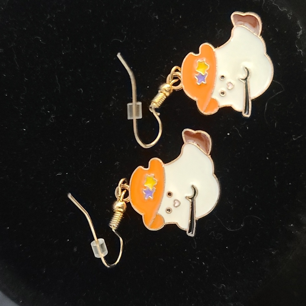 Ghost With Fall Hat on broom. Cute dangle goldtone earrings 1 set